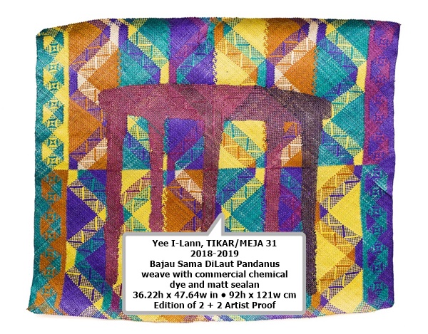 click to enlarge- double click to reduce Yee I-Lann, TIKAR/MEJA 31
2018-2019
Bajau Sama DiLaut Pandanus weave with commercial chemical dye and matt sealan
36.22h x 47.64w in • 92h x 121w cm
Edition of 2 + 2 Artist Proof