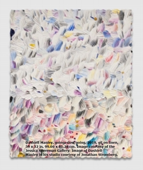click to enlarge- double click to reduce Dashiell Manley, going, slow going, 2019, oil on linen, 39 x 32 in, 99.06 x 81.28 cm. Image courtesy of the Jessica Silverman Gallery; Image of Dashiell
Manley in his studio courtesy of Jonathan Stromberg.
