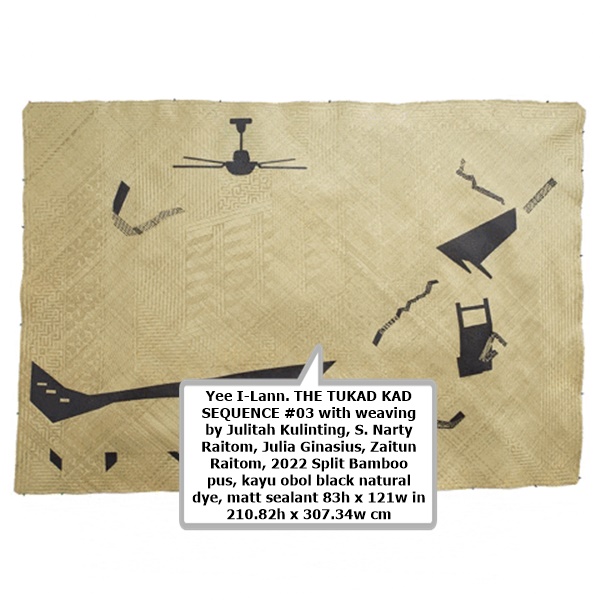 click to enlarge- double click to reduce Yee I-Lann. THE TUKAD KAD SEQUENCE #03 with weaving by Julitah Kulinting, S. Narty Raitom, Julia Ginasius, Zaitun Raitom, 2022 Split Bamboo pus, kayu obol black natural dye, matt sealant 83h x 121w in 210.82h x 307.34w cm
