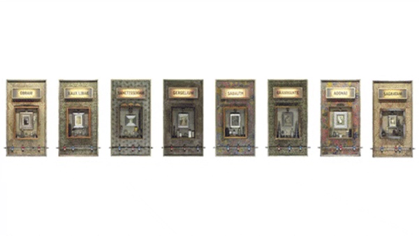 Norberto Roldan, The Sacred and the Secrets in Our Lives, 2016, installation with 8 wall altars with found objects and light boxes, 59 x 49.25 x 5.51 in, 149.86 x 125.095 x 14 cm each altar;