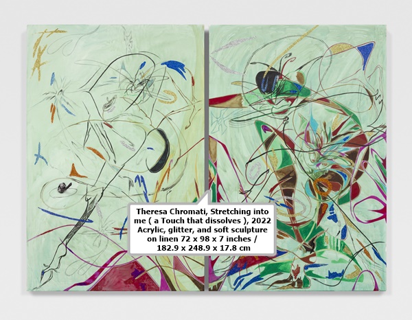 Theresa Chromati
Stretching into me ( a Touch that dissolves ), 2022
Acrylic, glitter, and soft sculpture on linen
72 x 98 x 7 inches / 182.9 x 248.9 x 17.8 cm