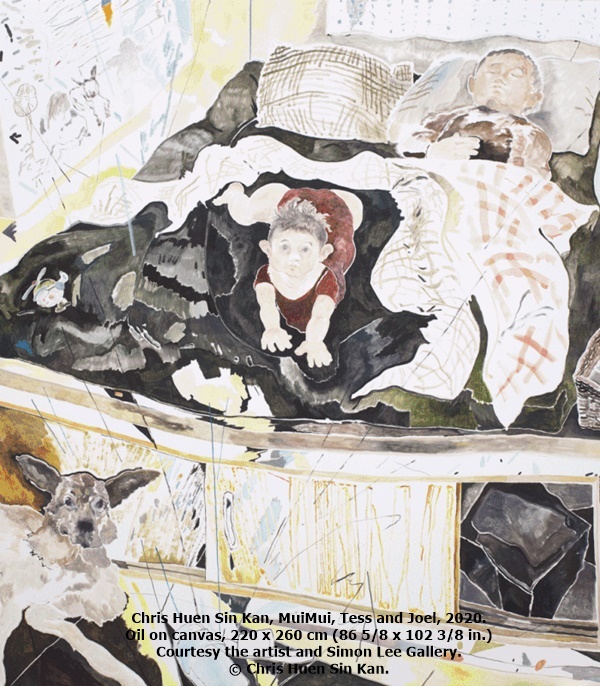 Chris Huen Sin Kan, MuiMui, Tess and Joel, 2020. Oil on canvas, 220 x 260 cm (86 5/8 x 102 3/8 in.) Courtesy the artist and Simon Lee Gallery. © Chris Huen Sin Kan.
