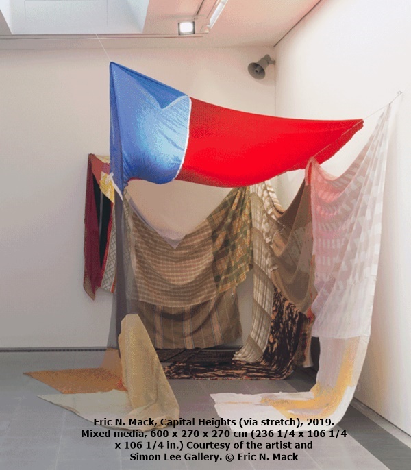 Eric N. Mack, Capital Heights (via stretch), 2019. Mixed media, 600 x 270 x 270 cm (236 1/4 x 106 1/4 x 106 1/4 in.) Courtesy of the artist and Simon Lee Gallery. © Eric N. Mack