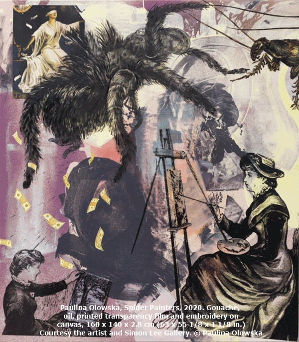 Paulina Olowska, Spider Painters, 2020. Gouache, oil, printed transparency film and embroidery on canvas, 160 x 140 x 2.8 cm (63 x 55 1/8 x 1 1/8 in.) Courtesy the artist and Simon Lee Gallery. © Paulina Olowska
