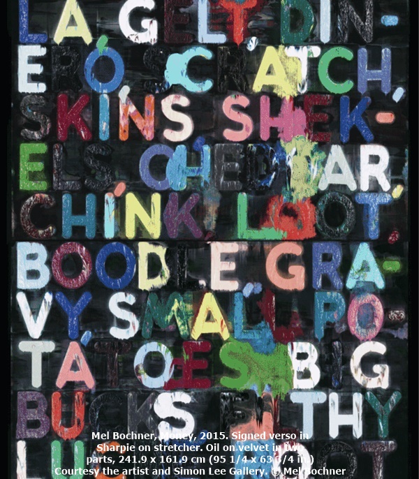 Mel Bochner, Money, 2015. Signed verso in Sharpie on stretcher. Oil on velvet in two parts, 241.9 x 161.9 cm (95 1/4 x 63 3/4 in.) Courtesy the artist and Simon Lee Gallery. © Mel Bochner
