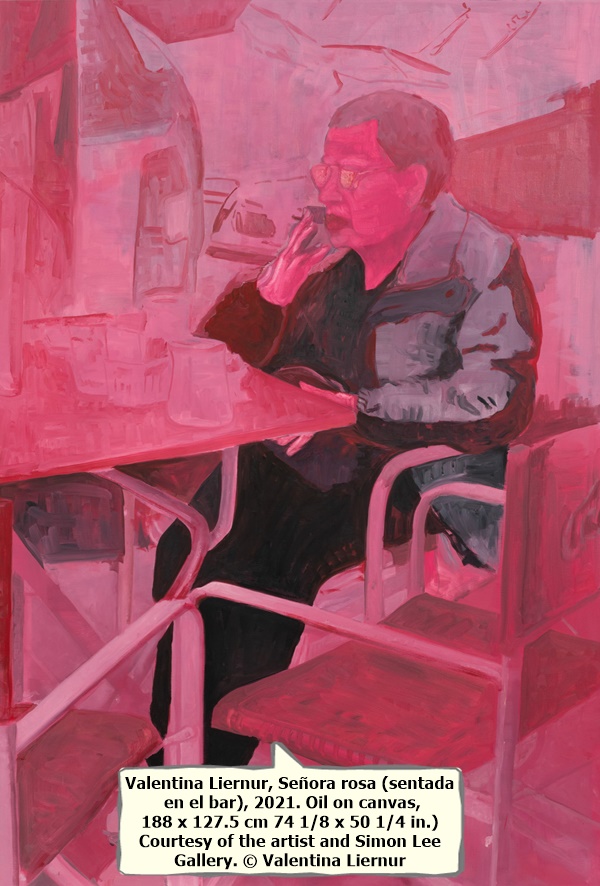 Valentina Liernur, Señora rosa (sentada en el bar), 2021. Oil on canvas, 188 x 127.5 cm 74 1/8 x 50 1/4 in.) Courtesy of the artist and Simon Lee Gallery. © Valentina Liernur.



