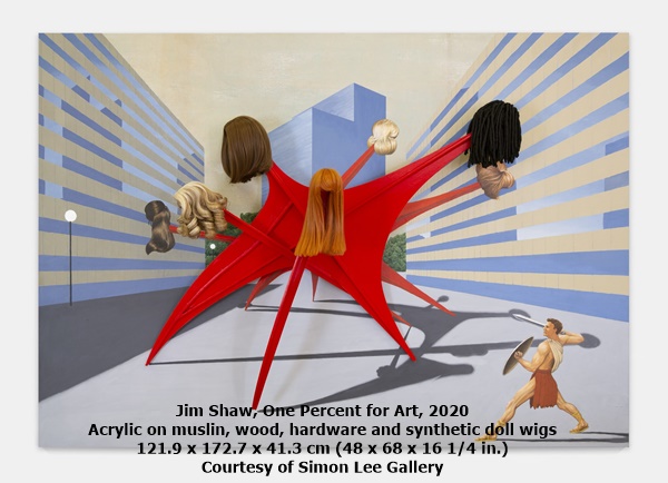click to enlarge- double click to reduce Jim Shaw
One Percent for Art, 2020
Acrylic on muslin, wood, hardware and synthetic doll wigs
121.9 x 172.7 x 41.3 cm (48 x 68 x 16 1/4 in.)
Courtesy of Simon Lee Gallery