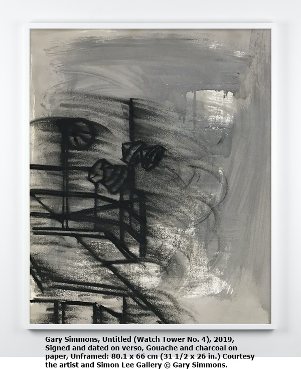 click to enlarge- double click to reduce Gary Simmons, Untitled (Watch Tower No. 4), 2019, Signed and dated on verso, Gouache and charcoal on paper, Unframed: 80.1 x 66 cm (31 1/2 x 26 in.) Courtesy the artist and Simon Lee Gallery © Gary Simmons.