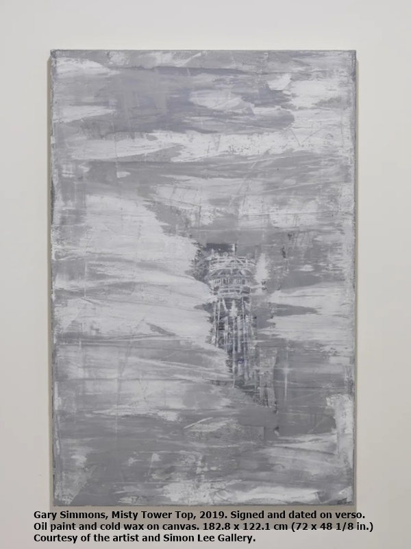 click to enlarge- double click to reduce Gary Simmons, Misty Tower Top, 2019. Signed and dated on verso. Oil paint and cold wax on
canvas. 182.8 x 122.1 cm (72 x 48 1/8 in.) Courtesy of the artist and Simon Lee Gallery.