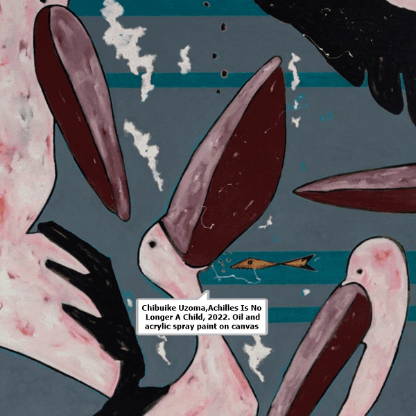 Chibụike Ụzọma,Achilles Is No Longer A Child, 2022. Oil and acrylic spray paint on canvas. Courtesy of the artist and Simon Lee Gallery