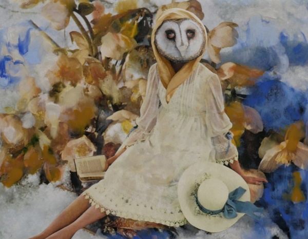 Marnie Weber, Wisdom of the Owl, 2019. Collaged archival elements, and encaustic wax on a framed
wooden panel, 52.1 x 41.9 x 6.3 cm (20 1/2 x 16 1/2 x 2 1/2 in.) Courtesy the artist and Simon Lee Gallery.