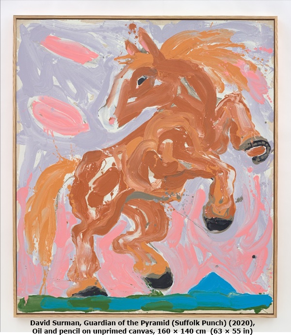 David Surman, Guardian of the Pyramid (Suffolk Punch) (2020), Oil and pencil on unprimed canvas, 160 × 140 cm  (63 × 55 in)