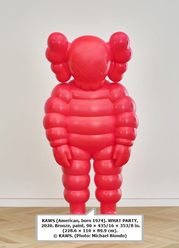 click to enlarge- double click to reduce KAWS (American, born 1974). WHAT PARTY, 2020. Bronze, paint, 90 × 435/16 × 353/8 in. (228.6 × 110 × 89.9 cm). © KAWS. (Photo: Michael Biondo)