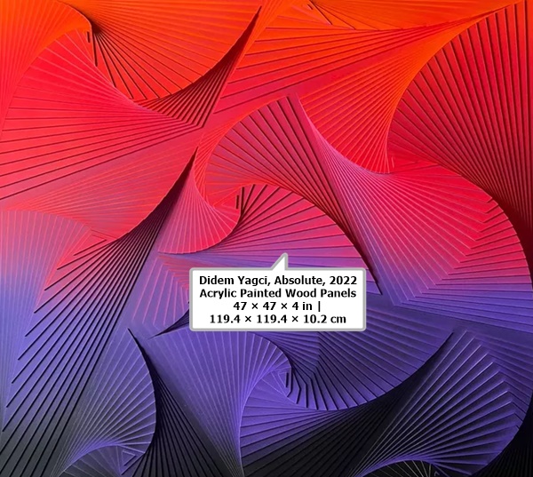 click to enlarge- double click to reduce Didem Yağcı
Absolute, 2022
Acrylic Painted Wood Panels
47 × 47 × 4 in | 119.4 × 119.4 × 10.2 cm