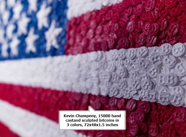 Kevin Champeny, 15000 hand castand sculpted bitcoins in 3 colors, 72x48x1.5 inches 