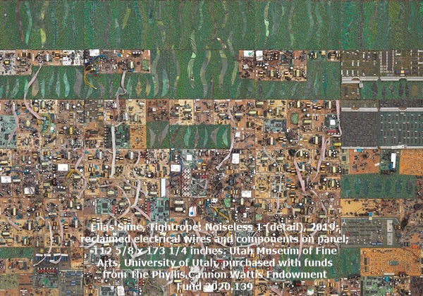 Elias Sime, Tightrope: Noiseless 1 (detail), 2019; reclaimed electrical wires and components on panel; 112 5/8 x 173 1/4 inches. Utah Museum of Fine Arts, University of Utah, purchased with funds from The Phyllis Cannon Wattis Endowment Fund 2020.139