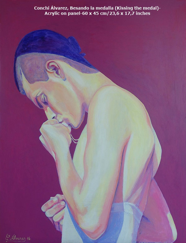 Conchi Álvarez, Besando la medalla (Kissing the medal)- Acrylic on panel-60 x 45 cm/23,6 x 17,7 inches