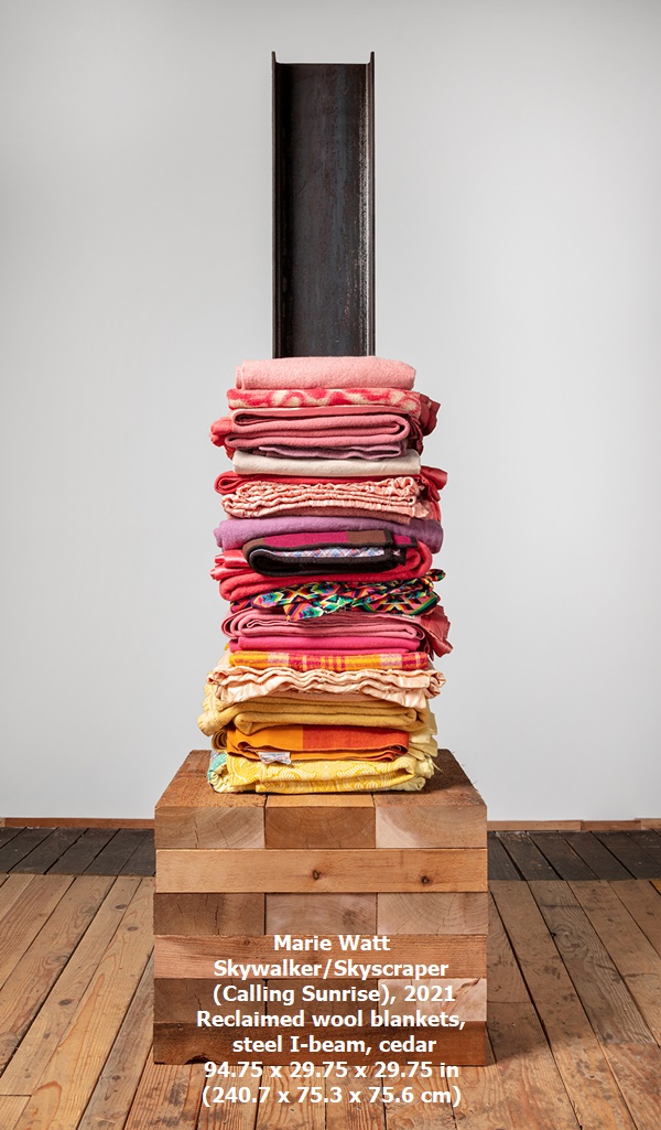 click to enlarge- double click to reduce Marie Watt
Skywalker/Skyscraper (Calling Sunrise), 2021
Reclaimed wool blankets, steel I-beam, cedar
94.75 x 29.75 x 29.75 in (240.7 x 75.3 x 75.6 cm)