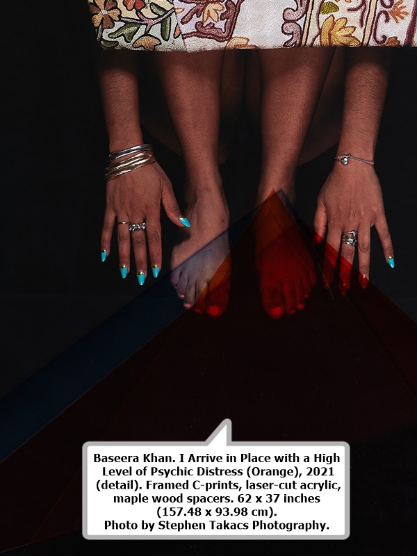 click to enlarge- double click to reduce Baseera Khan. I Arrive in Place with a High Level of Psychic Distress (Orange), 2021 (detail). Framed C-prints, laser-cut acrylic, maple wood spacers. 62 x 37 inches (157.48 x 93.98 cm). Photo by Stephen Takacs Photography.