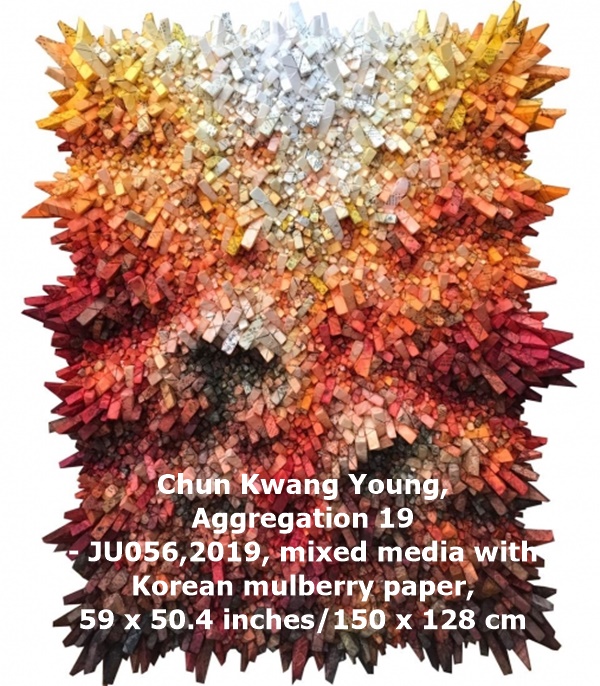 click to enlarge- double click to reduce Chun Kwang Young,Aggregation 19 - JU056,2019, mixed media with Korean mulberry paper, 59 x 50.4 inches/150 x 128 cm