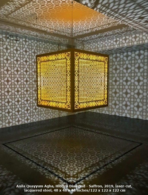 click to enlarge- double click to reduce Anila Quayyum Agha, Hidden Diamond - Saffron, 2019, laser-cut, lacquered steel, 48 x 48 x 48 inches/122 x 122 x 122 cm