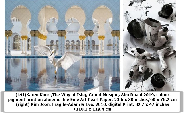 click to enlarge- double click to reduce (left) Karen Knorr,The Way of Ishq, Grand Mosque, Abu Dhabi 2019, colour pigment print on Hahnemühle Fine Art Pearl Paper, 23.6 x 30 inches/60 x 76.2 cm
(right) Kim Joon, Fragile-Adam & Eve, 2010, digital Print, 82.7 x 47 inches/210.1 x 119.4 cm