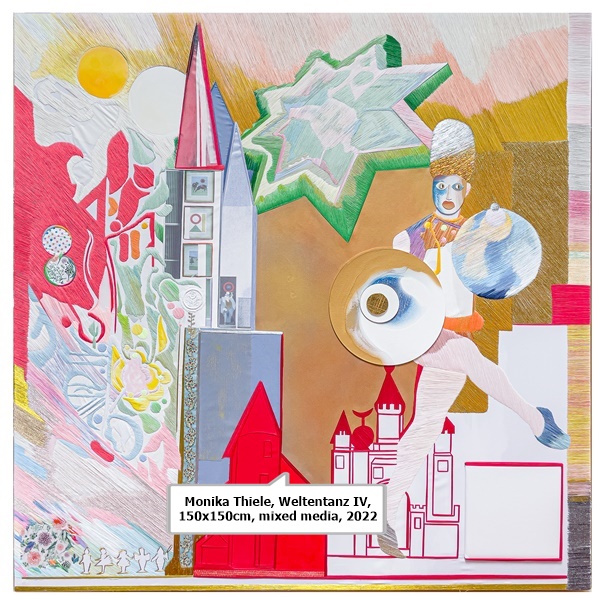 click to enlarge- double click to reduce Monika Thiele, Weltentanz IV, 150x150cm, mixed media, 2022