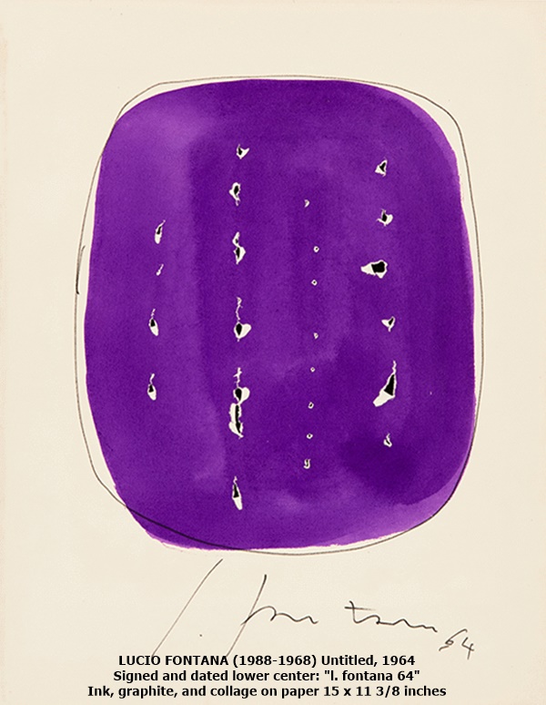 LUCIO FONTANA
(1988-1968)
Untitled, 1964
Signed and dated lower center: l. fontana 64
Ink, graphite, and collage on paper
15 x 11 3/8 inches