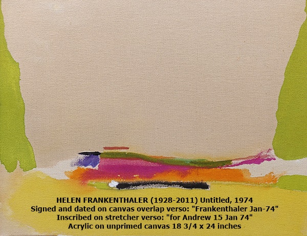 HELEN FRANKENTHALER
(1928-2011)
Untitled, 1974
Signed and dated on canvas overlap verso: Frankenthaler Jan-74
Inscribed on stretcher verso: 