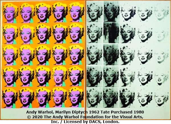 click to enlarge- double click to reduce Andy Warhol, Marilyn Diptych 1962 Tate Purchased 1980 © 2020 The Andy Warhol Foundation for the Visual Arts, Inc. / Licensed by DACS, London.