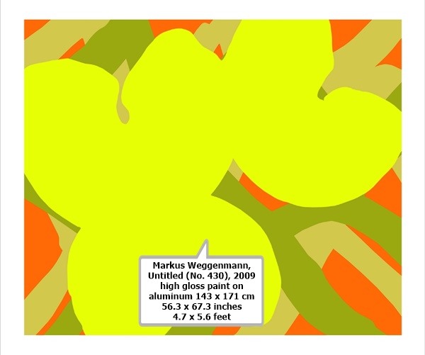 Markus Weggenmann, Untitled (No. 430), 2009
high gloss paint on aluminum 143 x 171 cm
56.3 x 67.3 inches
4.7 x 5.6 feet