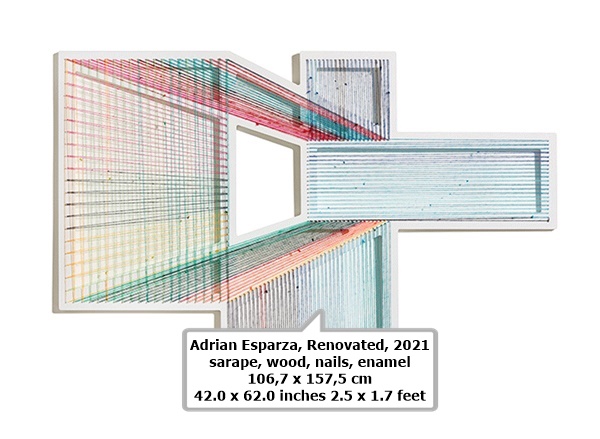 click to enlarge- double click to reduce Adrian Esparza sarape, wood, nails, enamel 106,7 x 157,5 cm
42.0 x 62.0 inches
2.5 x 1.7 feet