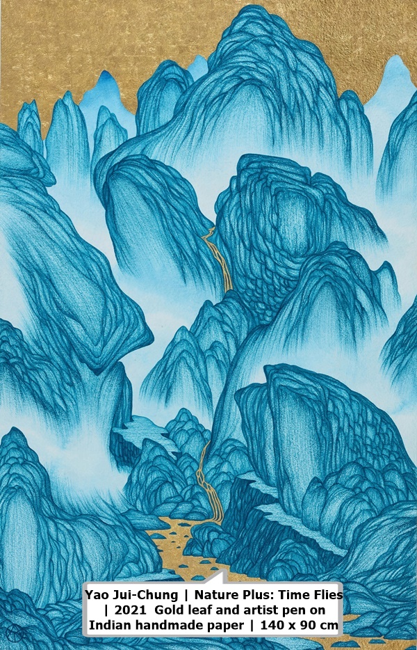 Yao Jui-Chung | 自自然然：匆匆 Nature Plus: Time Flies | 2021 | 金箔．藝術筆．印度手工紙 Gold leaf and artist pen on Indian handmade paper | 140 x 90 cm