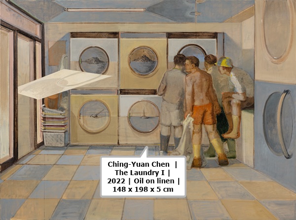 click to enlarge- double click to reduce Ching-Yuan Chen | The Laundry I | 2022 | Oil on linen 油彩.麻布 | 148 x 198 x 5 cm