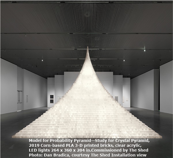 click to enlarge- double click to reduce Installation view:
Model for Probability Pyramid—Study for Crystal Pyramid, 2019
Corn-based PLA 3-D printed bricks, clear acrylic, LED lights
264 x 360 x 204 in.
Commissioned by The Shed
Photo: Dan Bradica, courtesy The Shed