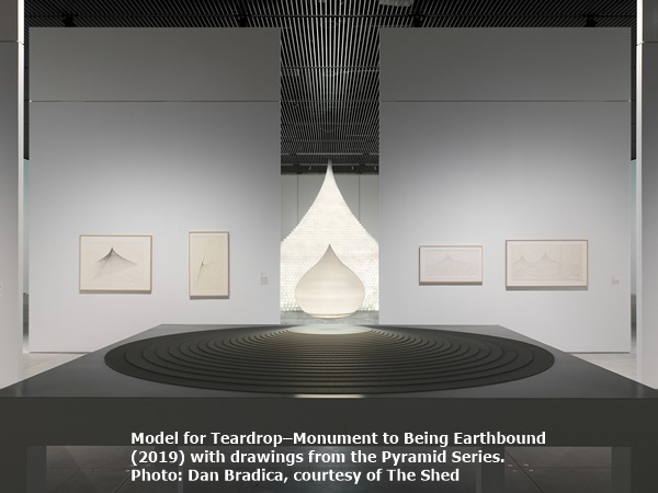click to enlarge- double click to reduce Model for Teardrop–Monument to Being Earthbound (2019) with drawings from the Pyramid Series.
Photo: Dan Bradica, courtesy of The Shed