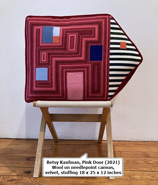 click to enlarge- double click to reduce Betsy Kaufman, Pink Door (2021)
Wool on needlepoint canvas, velvet, stuffing
18 x 25 x 12 inches