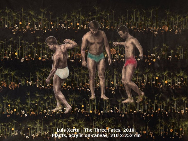 click to enlarge- double click to reduce Luis Xertu - The Three Fates, 2019, Plants, acrylic on canvas, 210 x 252 cm