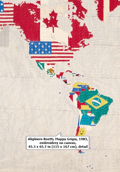 click to enlarge- double click to reduce Alighiero Boetti, Mappa Grigia, 1983, embroidery on canvas, 45.3 x 65.7 in (115 x 167 cm), left detail