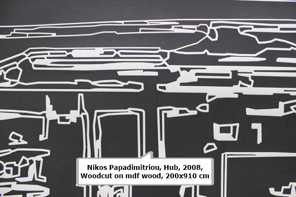 Nikos Papadimitriou, Hub, 2008,Woodcut on mdf wood, 200x910 cm