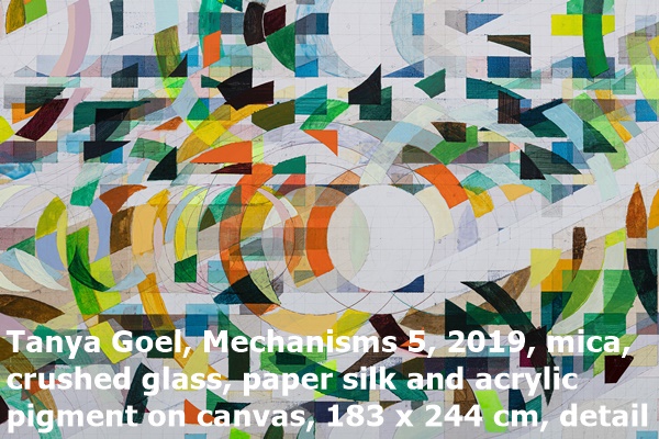 click to enlarge- double click to reduce Tanya Goel, Mechanisms 5, 2019, mica, crushed glass, paper silk and acrylic pigment on canvas, 183 x 244 cm, detail
