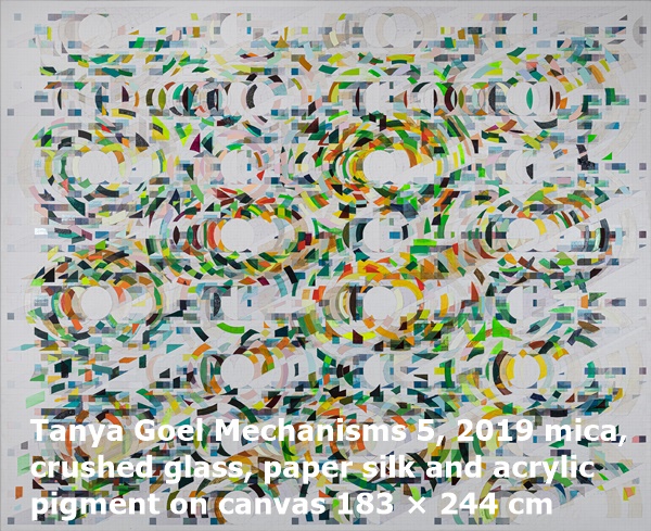 click to enlarge- double click to reduce Tanya Goel Mechanisms 5, 2019 mica, crushed glass, paper silk and acrylic pigment on canvas 183 × 244 cm