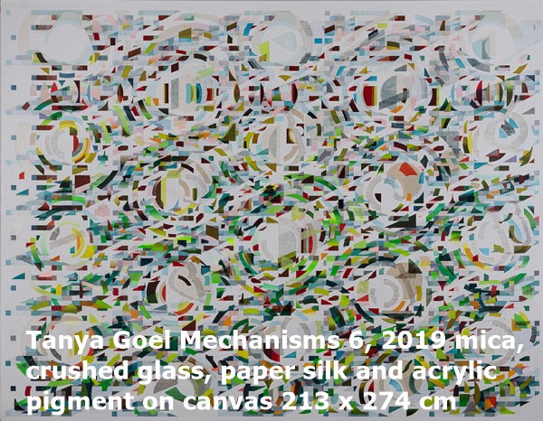 click to enlarge- double click to reduce Tanya Goel Mechanisms 6, 2019 mica, crushed glass, paper silk and acrylic pigment on canvas 213 x 274 cm