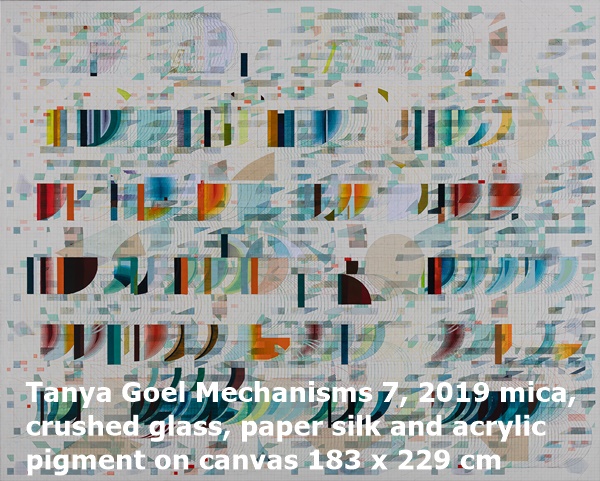 click to enlarge- double click to reduce Tanya Goel Mechanisms 7, 2019 mica, crushed glass, paper silk and acrylic pigment on canvas 183 x 229 cm