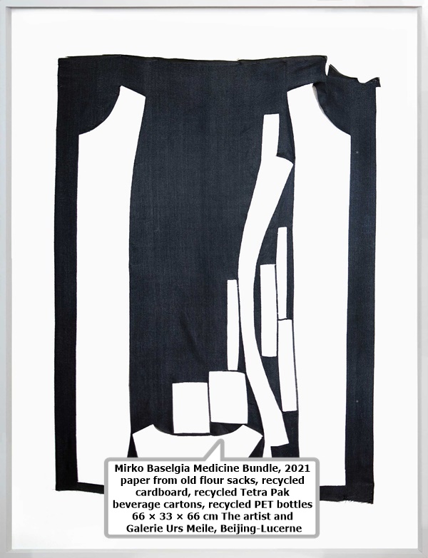 click to enlarge- double click to reduce Mirko Baselgia Medicine Bundle, 2021
paper from old flour sacks, recycled cardboard, recycled Tetra Pak
beverage cartons, recycled PET bottles
66 × 33 × 66 cm
The artist and Galerie Urs Meile, Beijing-Lucerne