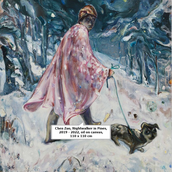 click to enlarge- double click to reduce Chen Zuo, Nightwalker in Pines, 2019 - 2022, oil on canvas, 110 x 110 cm