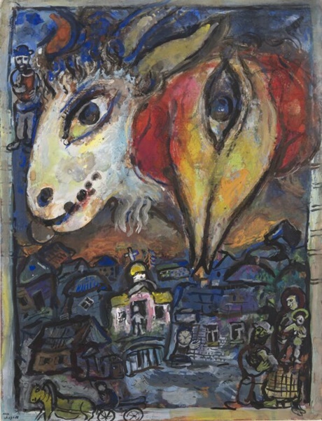 
La fuite: coq et bouc au dessus du village
Marc Chagall
1962
gouache, pastel and graphite on paper
73.6 x 56.1 cm 