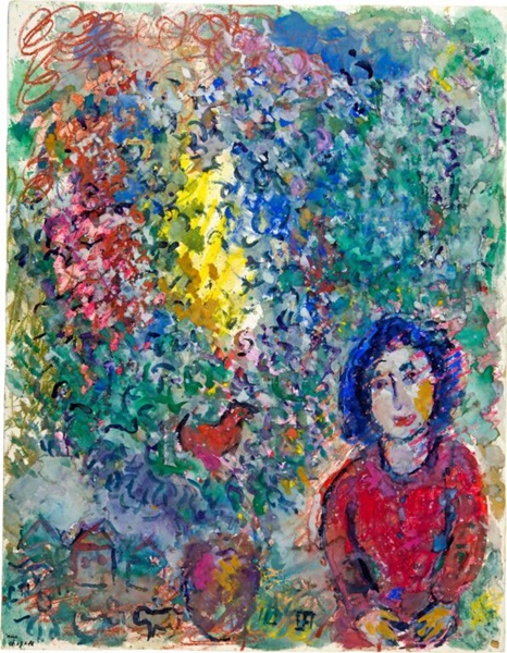 
Femme au corsage rouge avec grand bouquet
Marc Chagall
circa 1984
tempera, gouache and pastel on paper
62.5 x 50.3 cm 