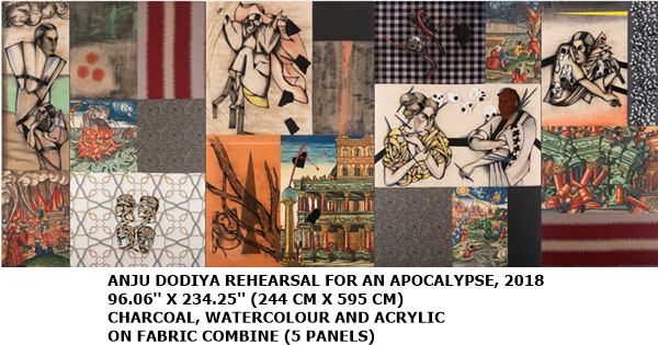 ANJU DODIYA
REHEARSAL FOR AN APOCALYPSE, 2018
96.06'' X 234.25'' (244 CM X 595 CM)
CHARCOAL, WATERCOLOUR AND ACRYLIC ON FABRIC COMBINE (5 PANELS)