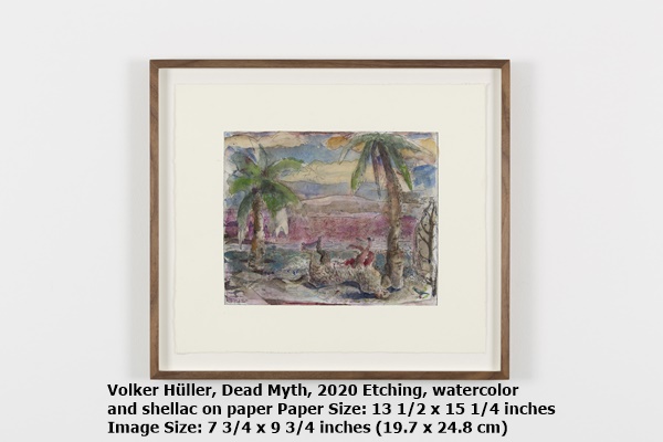 Volker Hüller, Dead Myth, 2020
Etching, watercolor and shellac on paper
Paper Size: 13 1/2 x 15 1/4 inches
Image Size: 7 3/4 x 9 3/4 inches (19.7 x 24.8 cm)